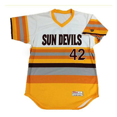 ASU throwback baseball jersey with "Sun Devils, 42" printed over white chest area and color stripes in orange, gold, gray, and maroon on the body and sleeves.