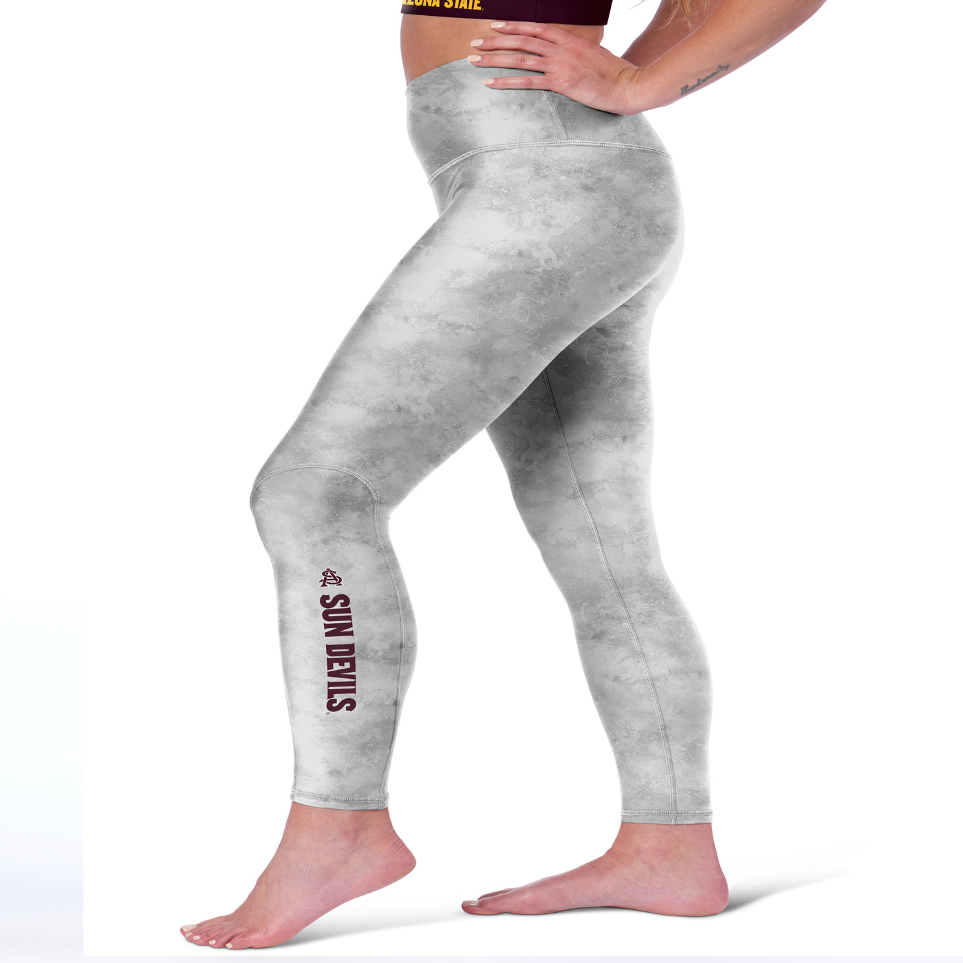 ASU gray tie dye leggings with and interlock 'A' and 'S' symbol above 'Sun Devils' letterin gon the left calf