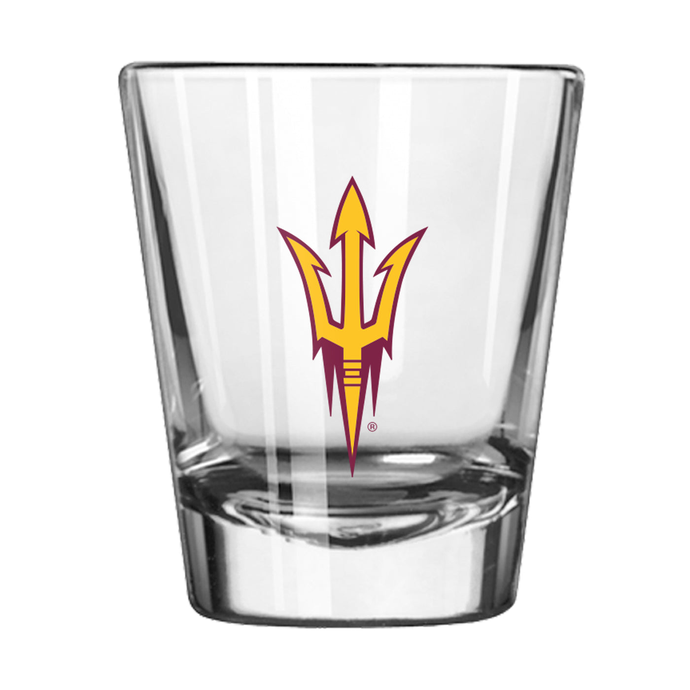 ASU shot glass with maroon and gold pitchfork