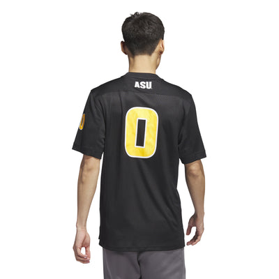Backside of ASU black football jersey including "ASU" text in white on the nape of the neck and gold number 0 with white outline.