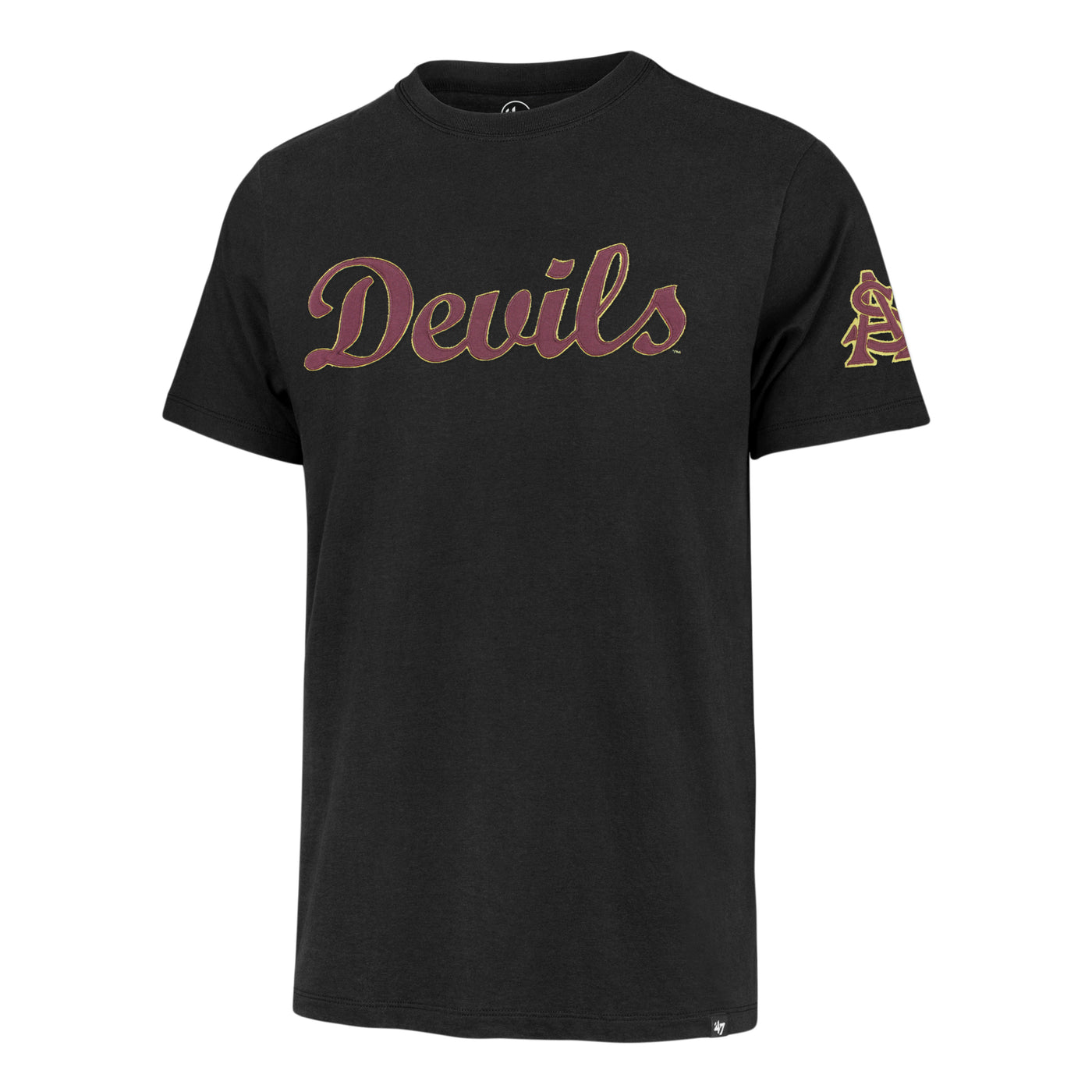 ASU black tee with 'Devils' in curvise lettering sewn into the front and an interlocking 'A' and 'S' on the sleeve