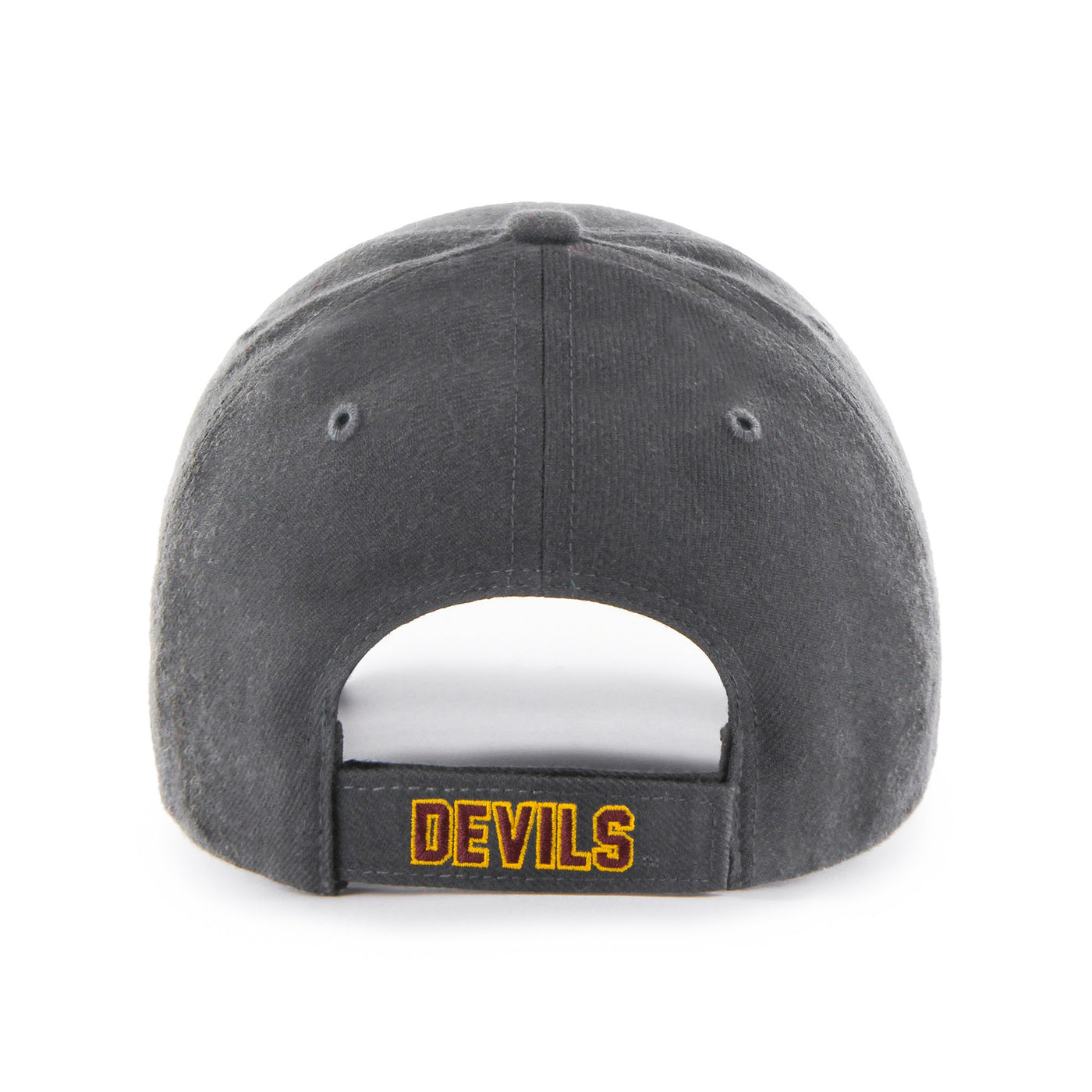 Back side of asu charcoal hat with the text 