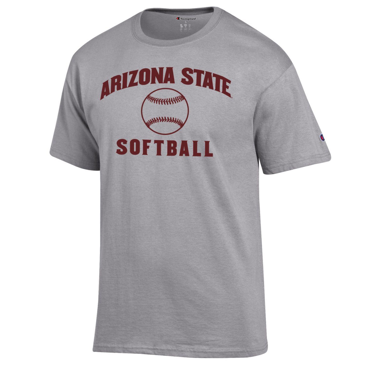 ASU gray Champion tee with 'Arizona State University' lettering surrounding maroon outlined softball