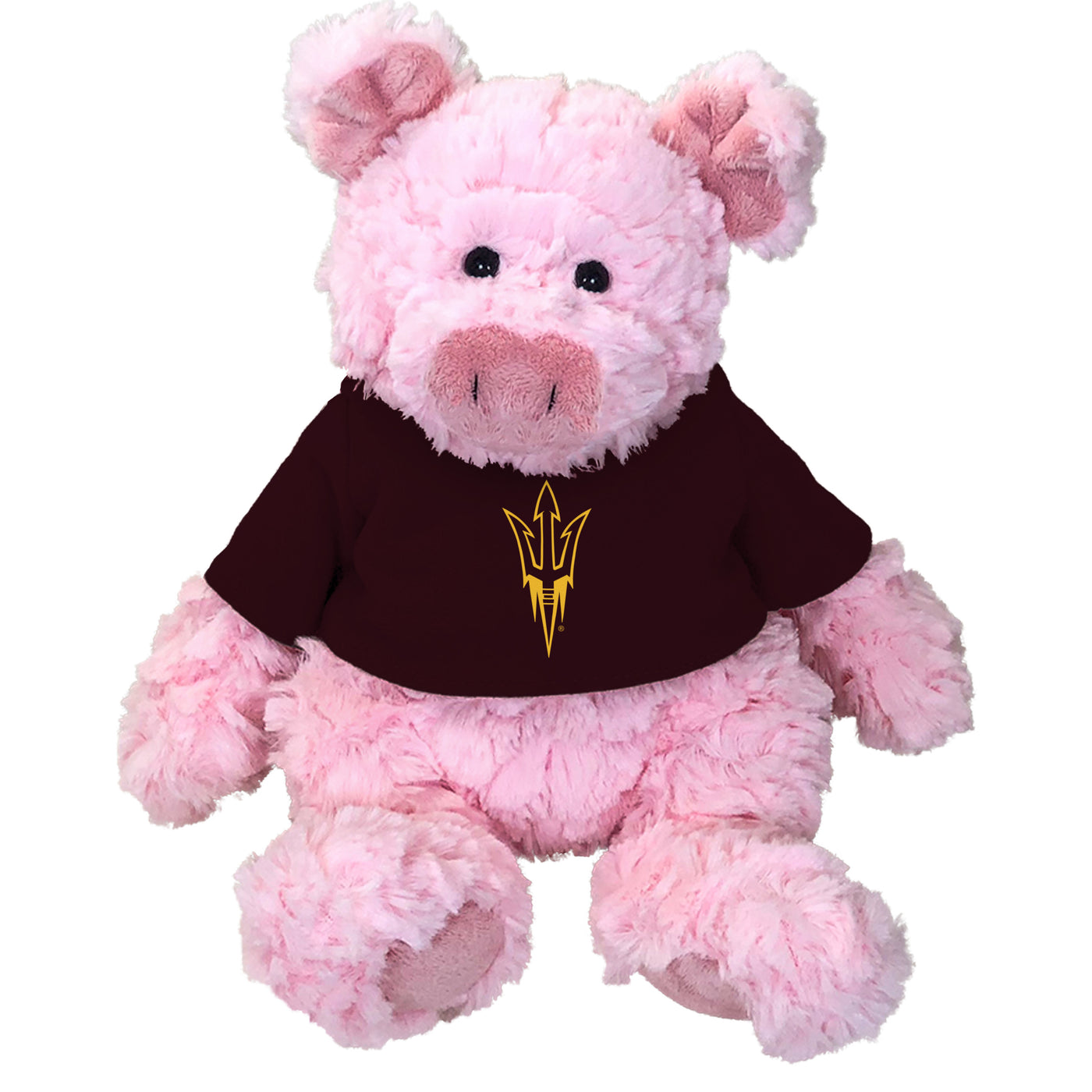 ASU Stuffed pink pig wearing a maroon shirt with the gold pitchfork logo. 