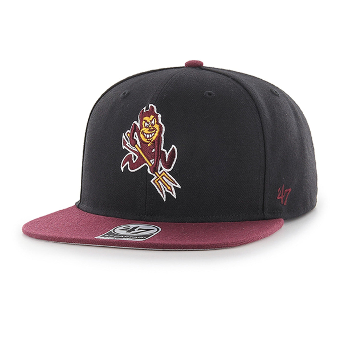 ASU black snap back hat with maroon bill and Sparky embroidered on the front