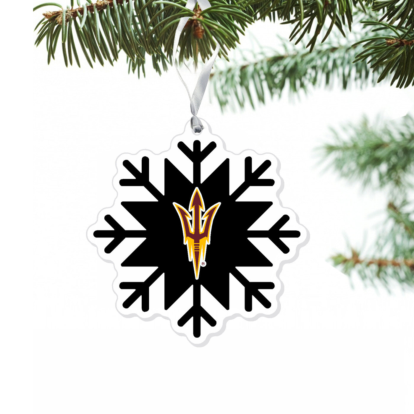 ASU black arcylic snowflake ornament with gold and maroon pitchfork in the center of the snowflake