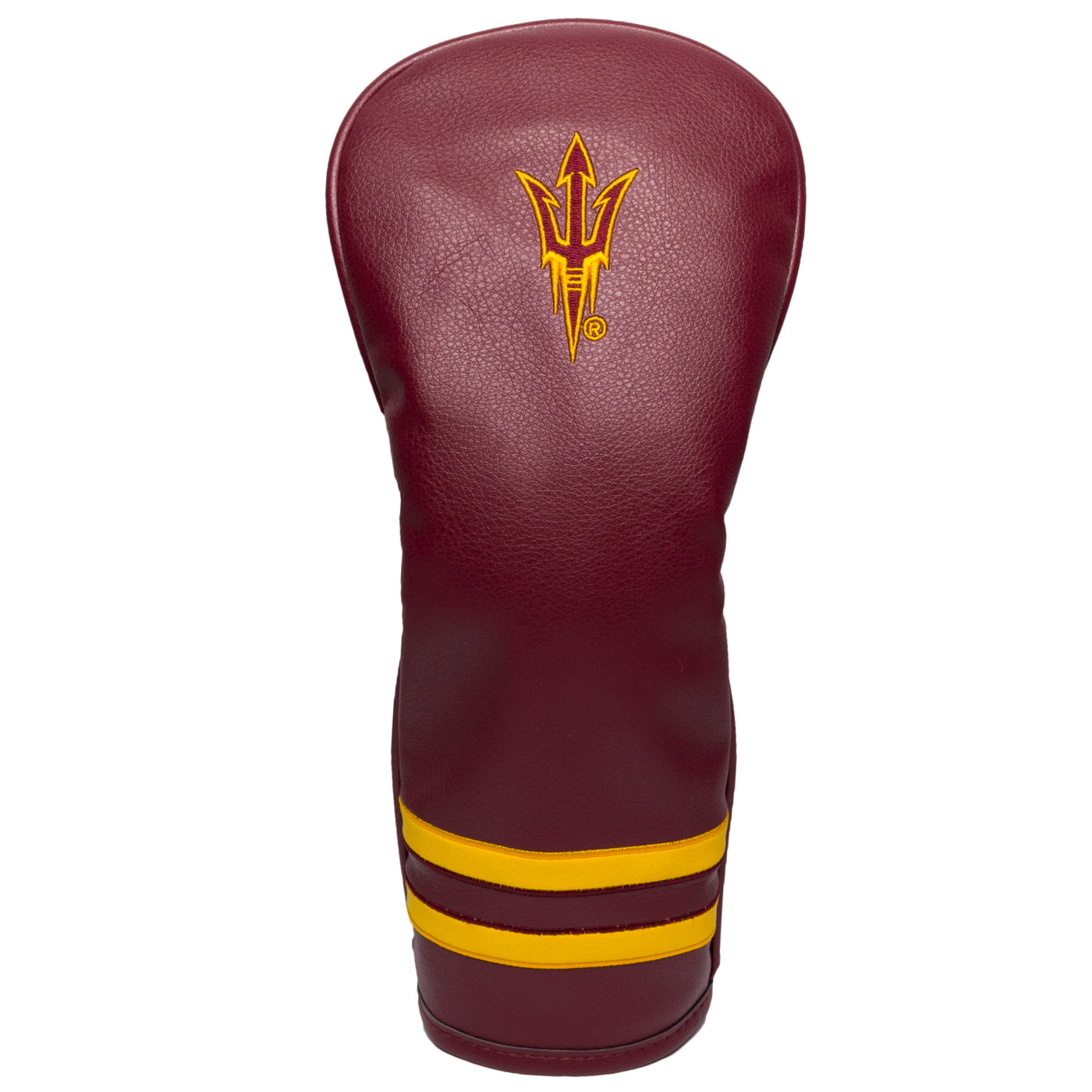 ASU maroon leather like material golf club head cover with an embroidered pitchfork at the top and 2 gold stripes at the base