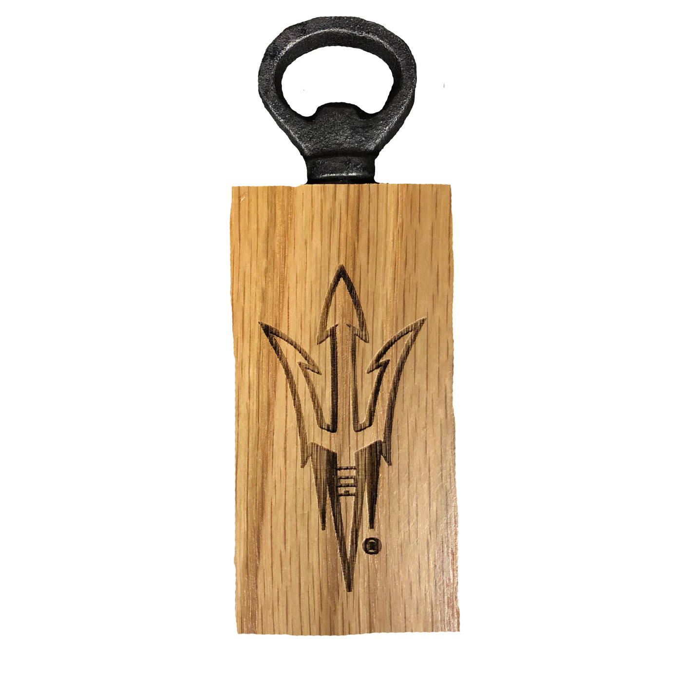 ASU wooden block bottle opener with metal top and engraved pitchfork on body
