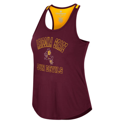 ASU maroon womens tank with the text "Arizona State Sun Devils" in maroon outlined in gold. A  Sparky mascot in the center.