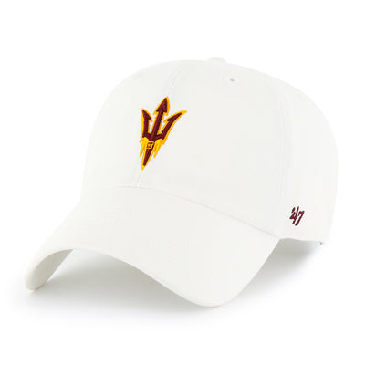 ASU white adjustable hat with embroidered pitchfork in maroon and gold