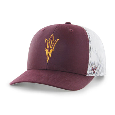 ASU maroon trucker hat with white mesh and a maroon and gold pitchfork on the front by 47Brand