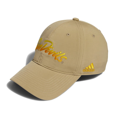 Side view of ASU Adidas khaki hat with 'Sun Devils' lettering with a gold to orange fade 