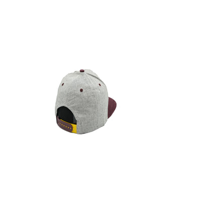 ASU grey and maroon hat back view.  Snap Straps are maroon and gold. 