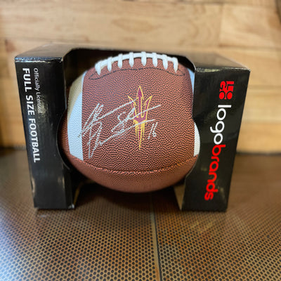 ASU full sized football with Jake Plummer's autograph in silver Sharpie across the pitchfork