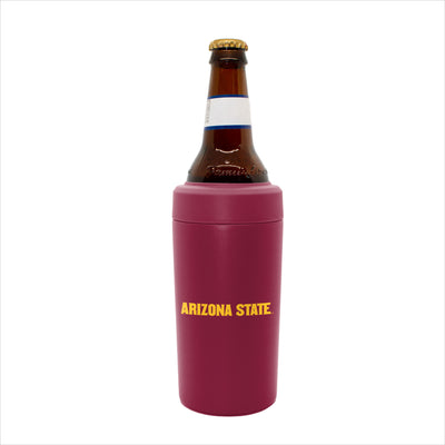ASU maroon plastic coolie with the text "Arizona State" in gold