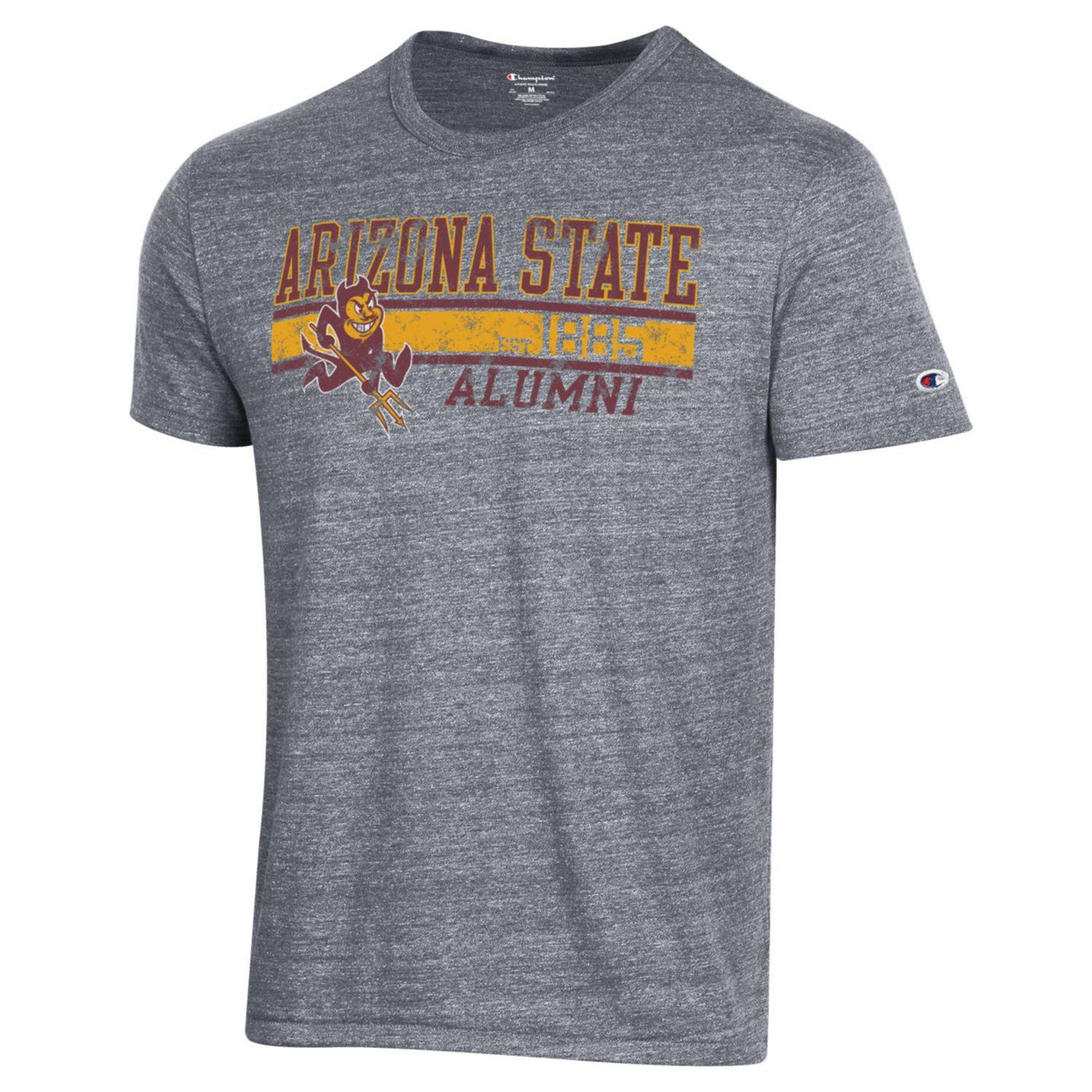 ASU gray Champion tee in heather gray with 'Arizona State' '1885' 'Alumni' lettering next to Sparky