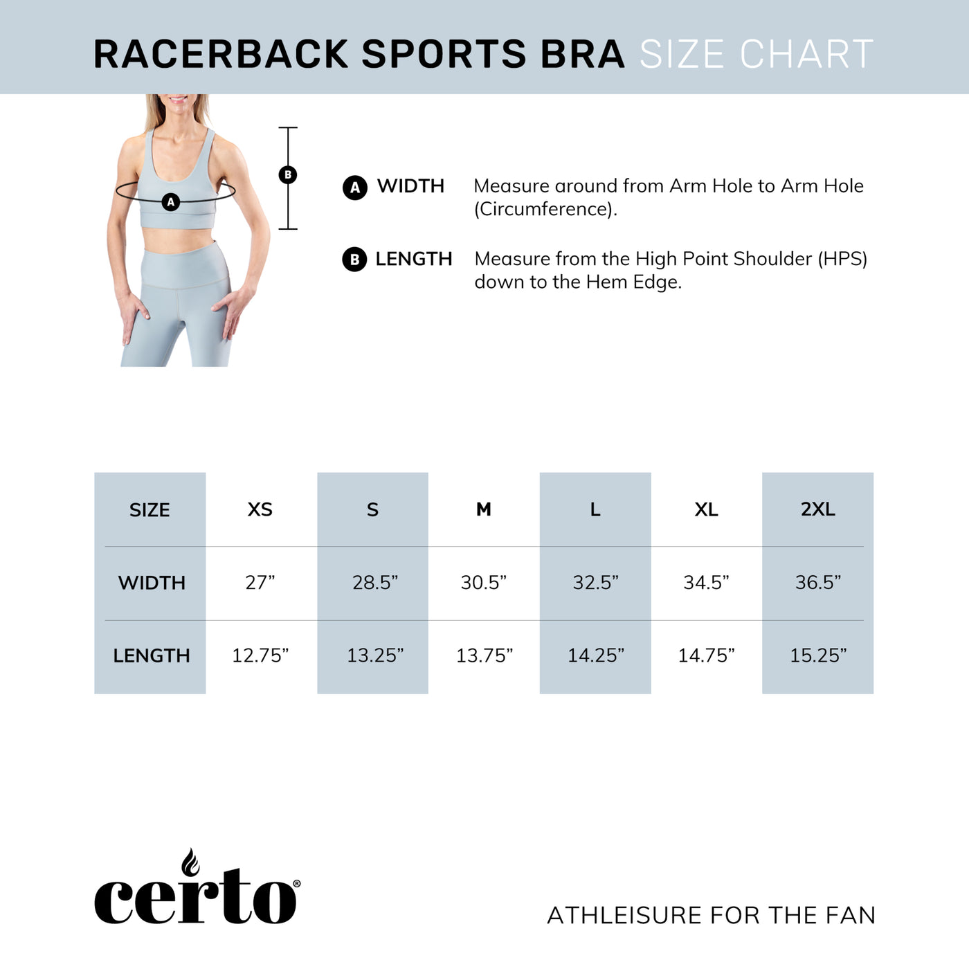 ASU racerback sports bra size chart with sizes XS through 2XL