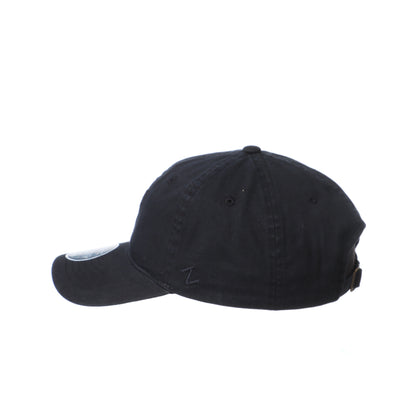Left side view of ASU black adjustable hat with embroidered Zephyr symbol near the brim