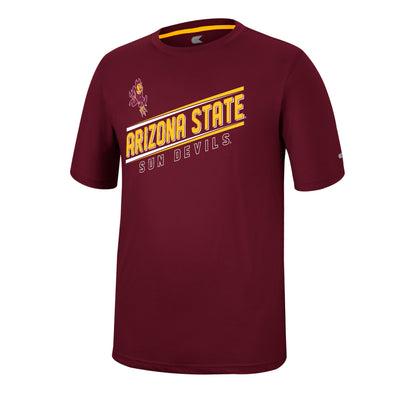 ASU maroon shirt with Sparky on the left chest above slanted letters 'Arizona State Sun Devils'