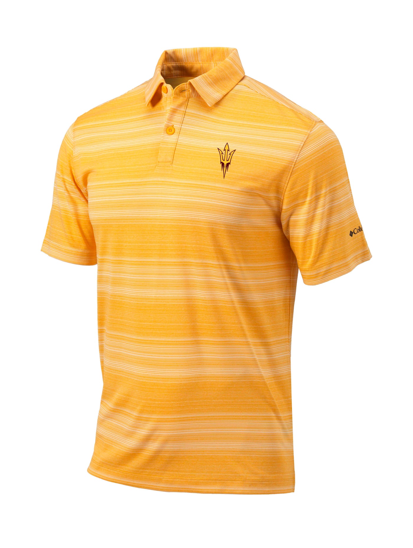 ASU gold and white striped polo with maroon pitchfork on upper left chest