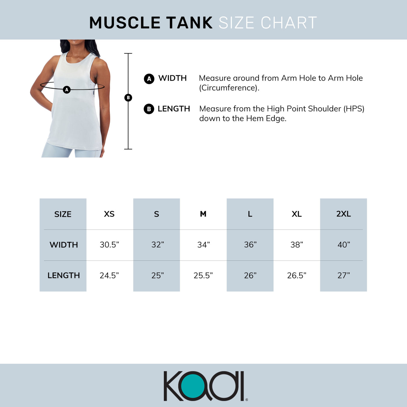 ASU Ladies Muscle Tank gray size chart for sizes XS through 2XL