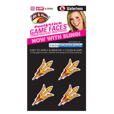 ASU 4 pitchfork Peal and Stick Game Faces Temporary Tattoos in packaging saying 'Now with Bling, Easy to apply and remove, clean and safe, Waterless'
