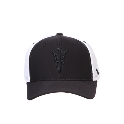 ASU black and white stretch fit hat with a black pitchfork on the middle 