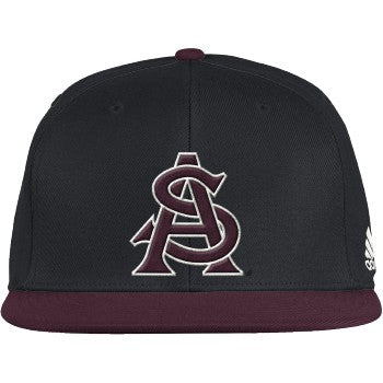 ASU Fitted hat in black and maroon with embroidered maroon and white interlocking 'A' and 'S' lettering