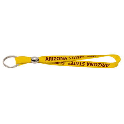 ASU Shoestring wristlet in gold with 'Arizona State Sun Devil' lettering with a keyring and metal bead size adjuster