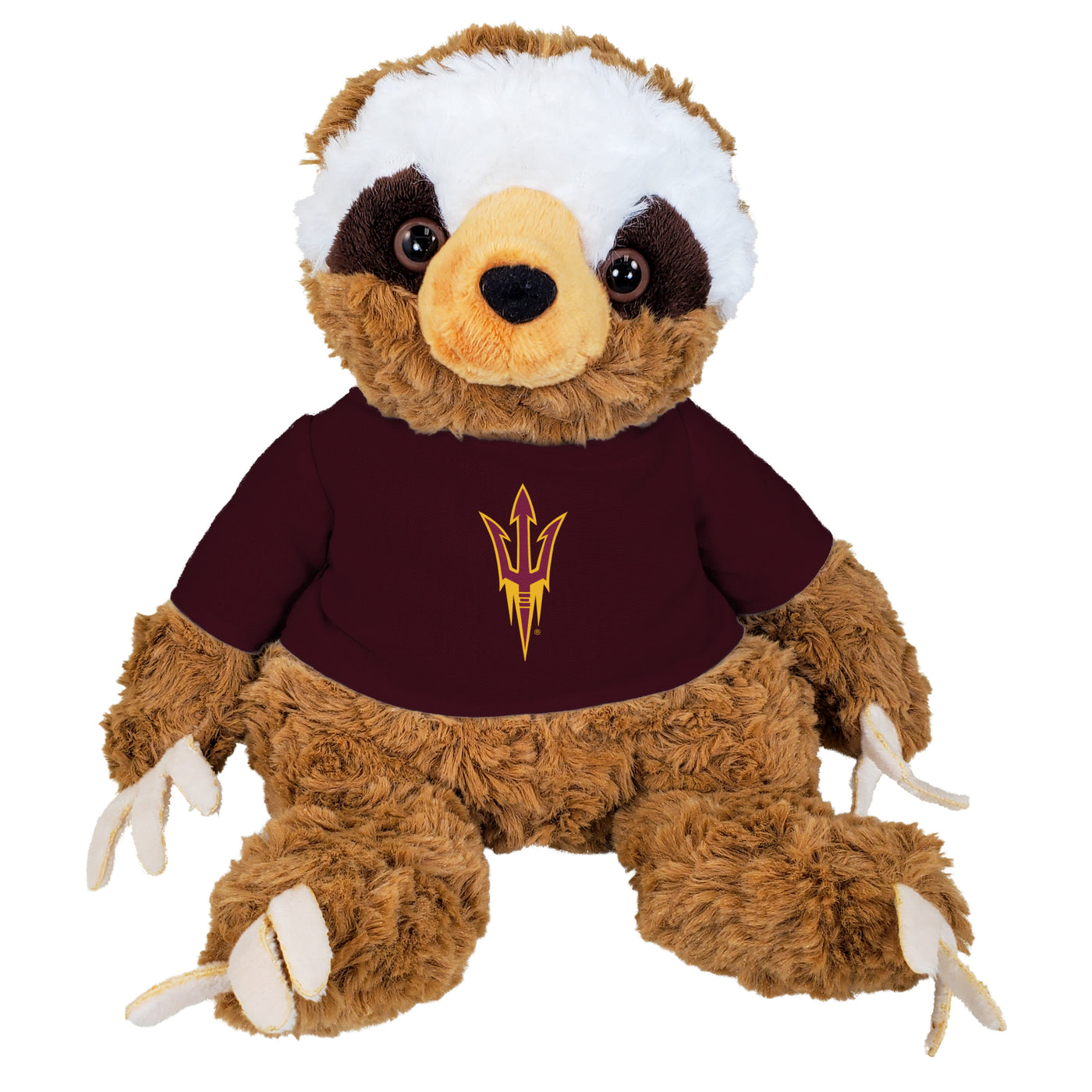 ASU stuffed brown and white sloth wearing a maroon shirt with a gold pitchfork outline. 