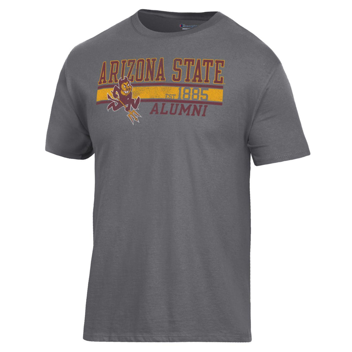 ASU gray alumni tee with 'Arizona State, EST 1885, Alumni' lettering over 3 gold and maroon stripes with a Sparky on the right side