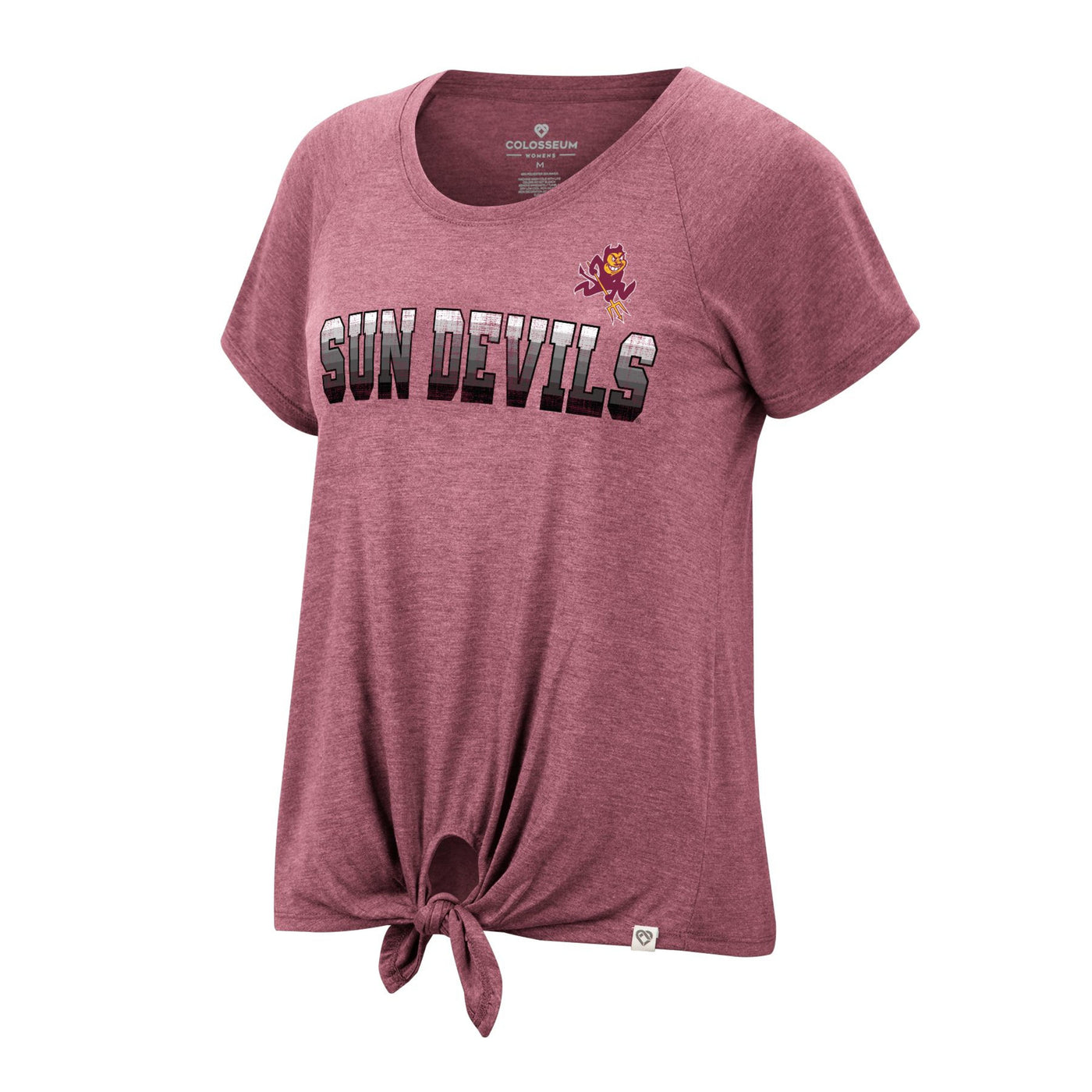 ASU maroon women's tee with tie front and 'Sun Devils' lettering with Sparky in the upper corner