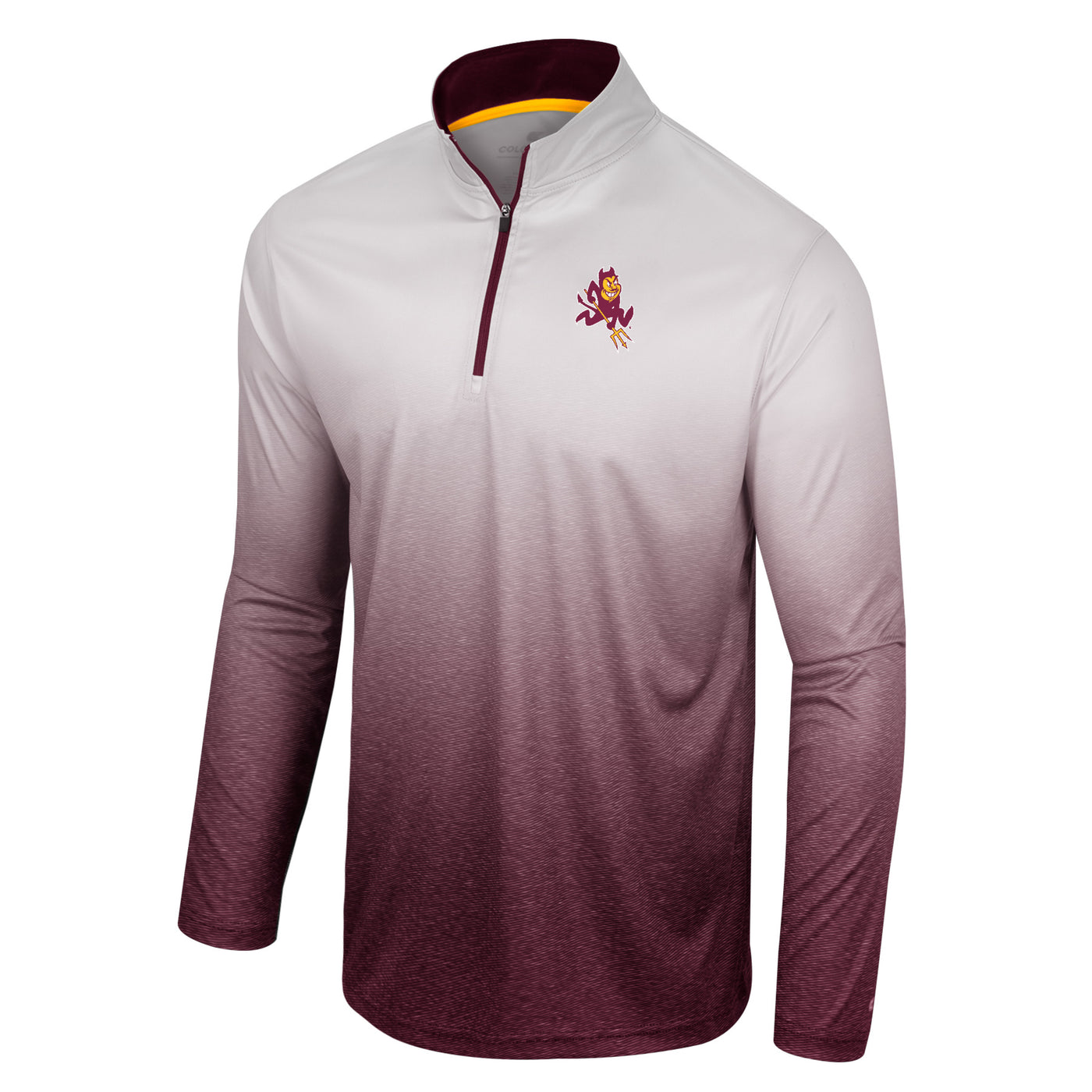 Mens athletic long sleeve shirt with a quarter length zipper and a mock neck collar. It is an ombre coloring from white at the top to maroon at the bottom. There is a small sparky mascot on the chest..