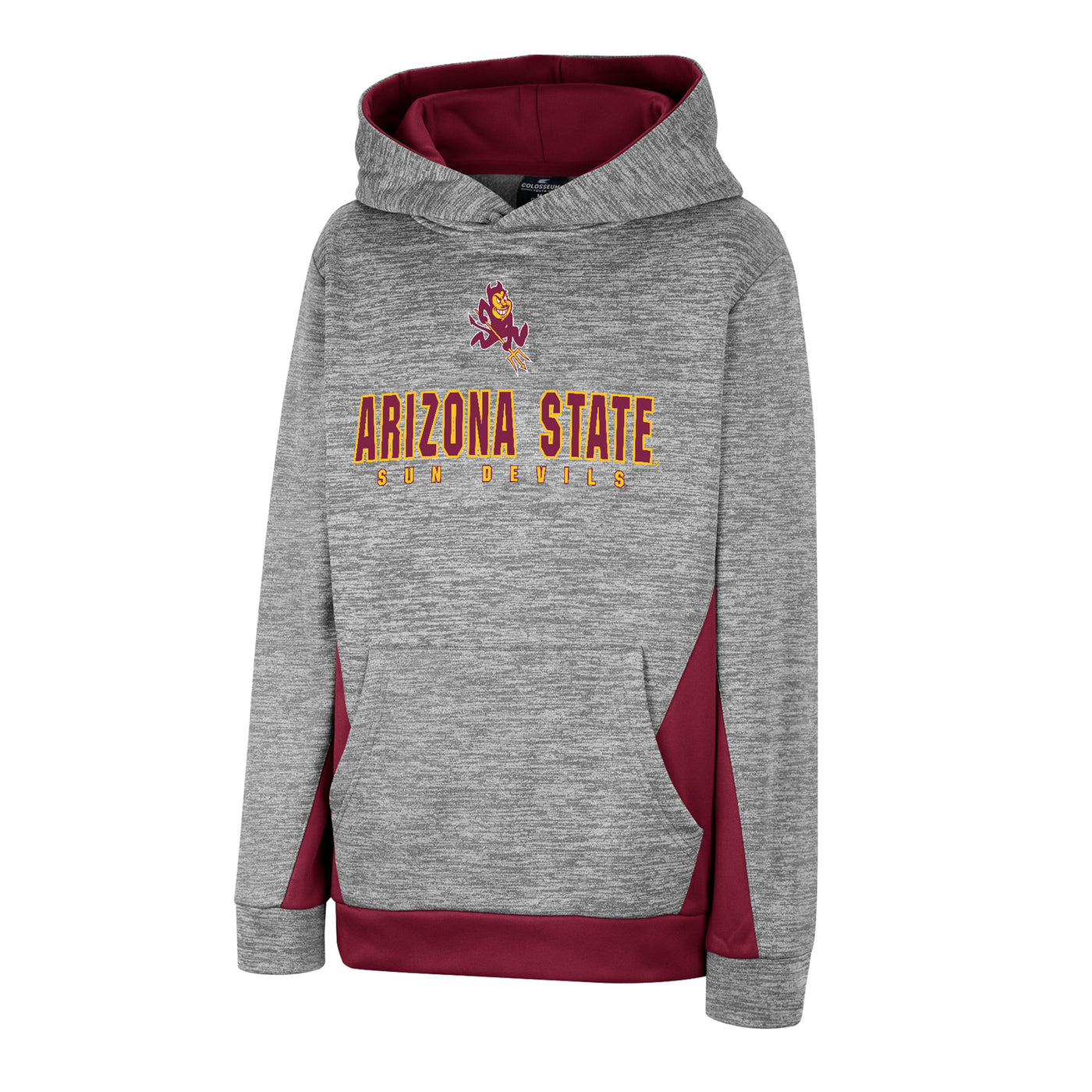 ASU youth hoody with heather gray body and maroon accents with 'Arizona State Sun Devils' lettering