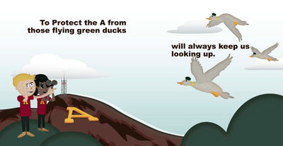 ASU picture book page of 2 students looking at birds saying 'To Protect the A from those flying green ducks will always keep us looking up.'
