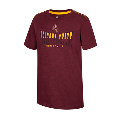 ASU maroon youth shirt with the text "Arizona state" in half gold and half maroon all outlined in black. Bellow that is the text "sun devils" in gold and above all text is a small sparky mascot.