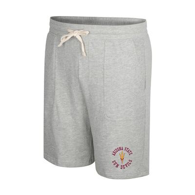 ASU men's gray shorts with a white drawstring, 2. pockets on the front, and an 'Arizona State Sun Devils' lettering design circling a pitchfork on the lower leg