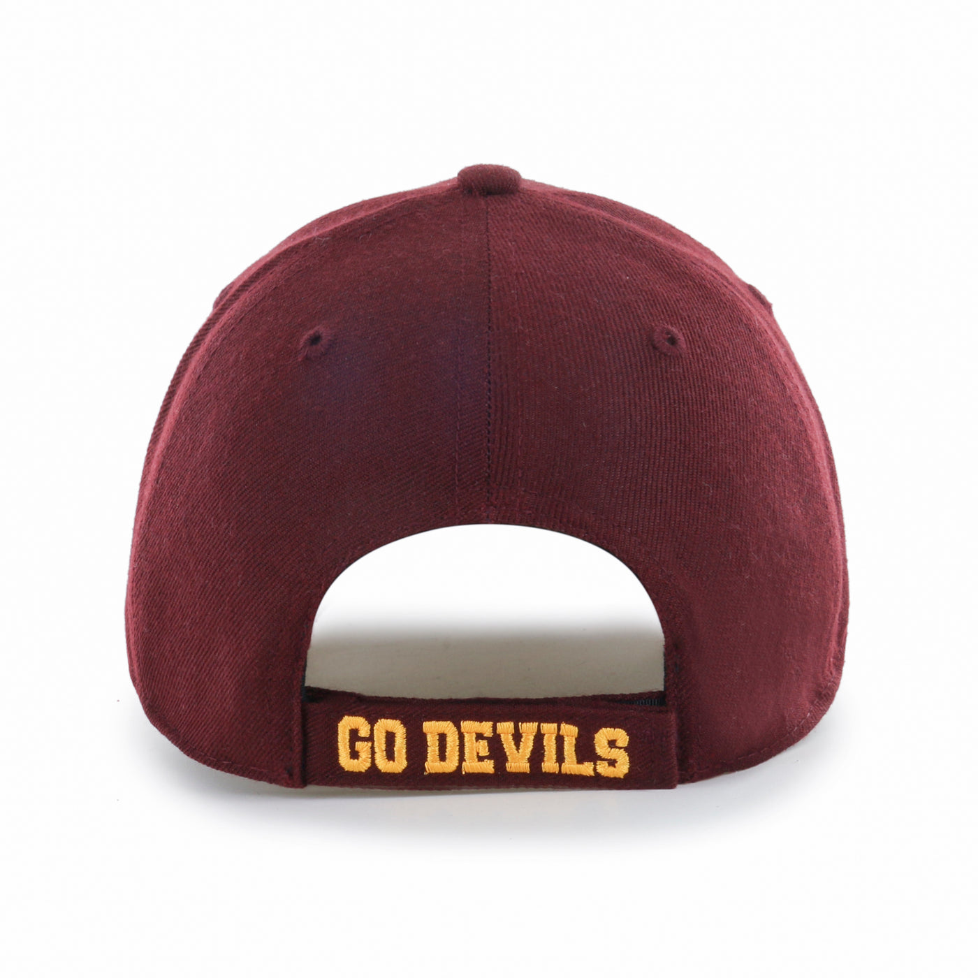 Back of ASU maroon hat with 'Go Devils' embroidered on the velcro strap