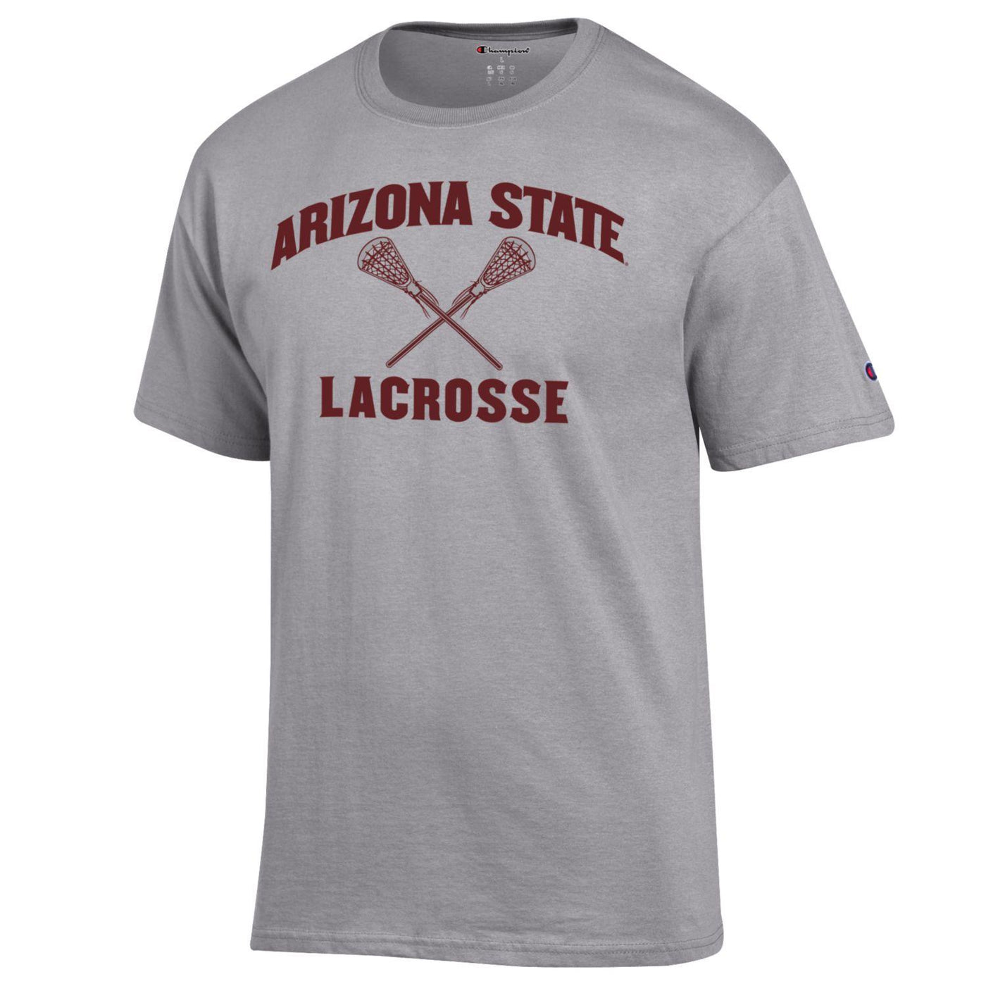 ASU gray tee with 'Arizona State Lacrosse' lettering surrounding 2 crossed lacrosse sticks