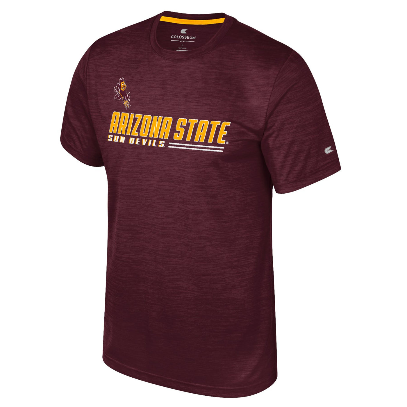 ASU maroon t-shirt with a small sparky logo in the corner of the chest above the gold text 