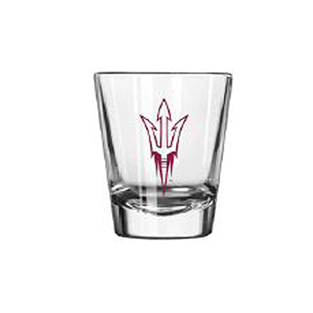 ASU shot glass with maroon pitchfork outline