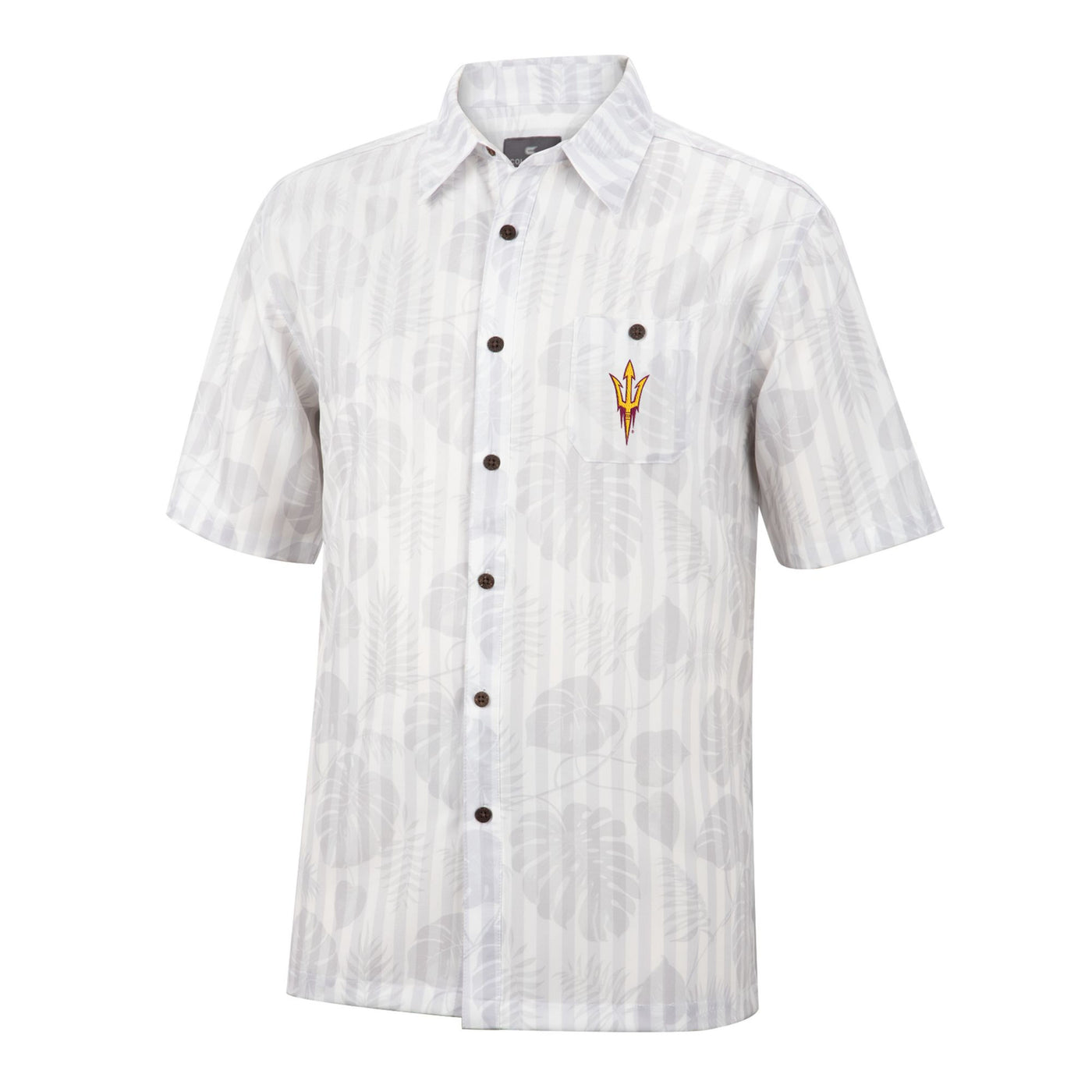 ASU white Hawaiian button down with gold and maroon pitchfork on chest pocket