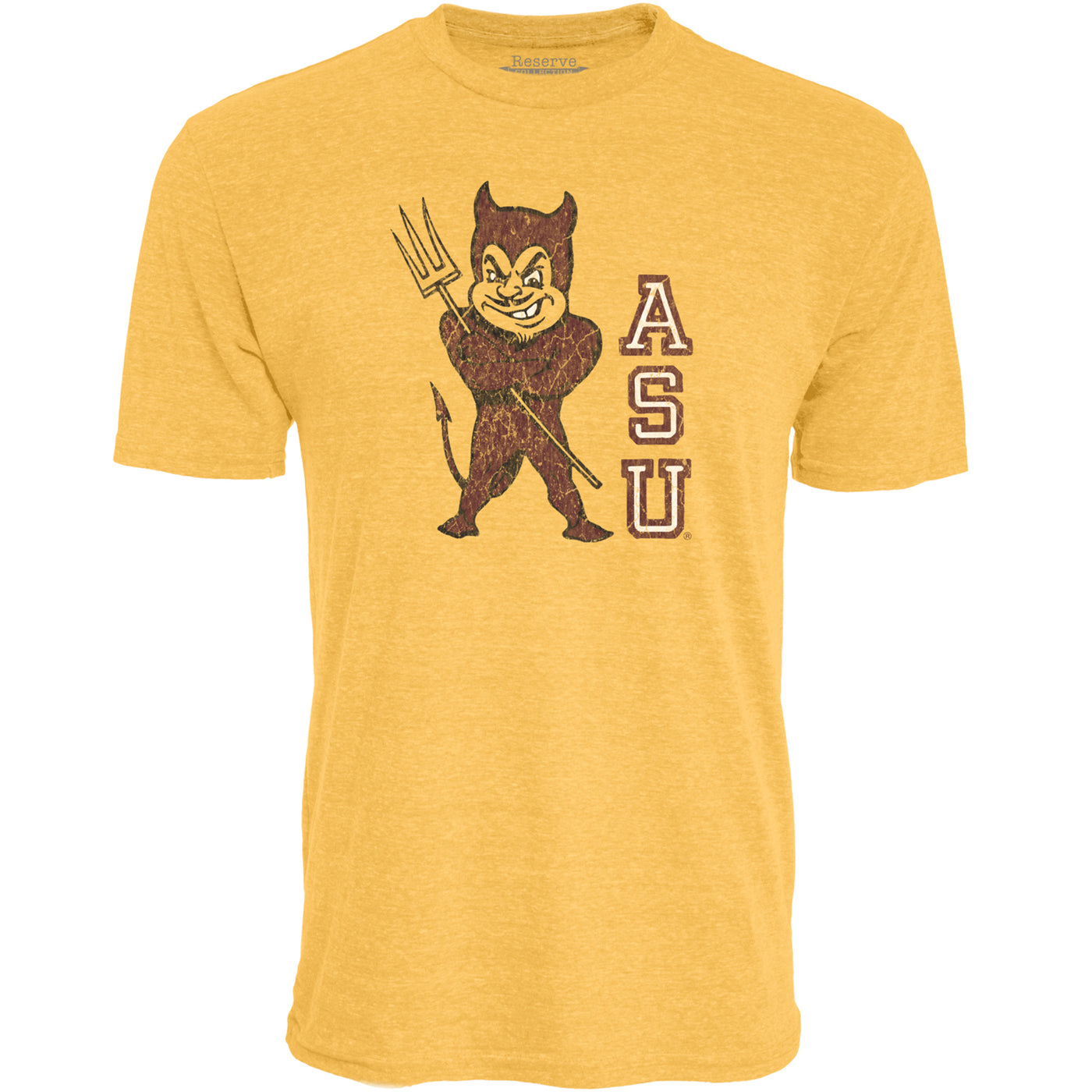 ASU gold tee with retro Sparky print next to 'ASU' letters stacked on top of each other