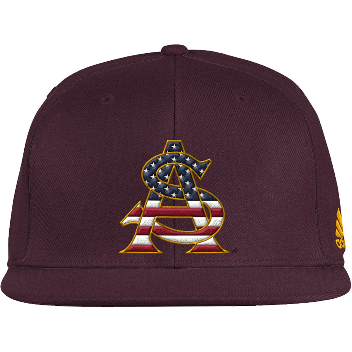 Front view of ASU maroon fitted hat with interlocking 'A' and 'S' with an American flag design inside letters