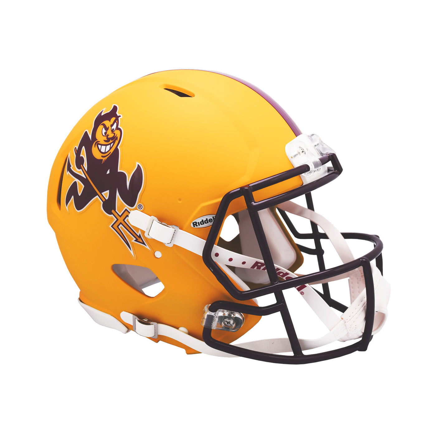 ASU replica gold football helmet with maroon mask and Sparky on the side