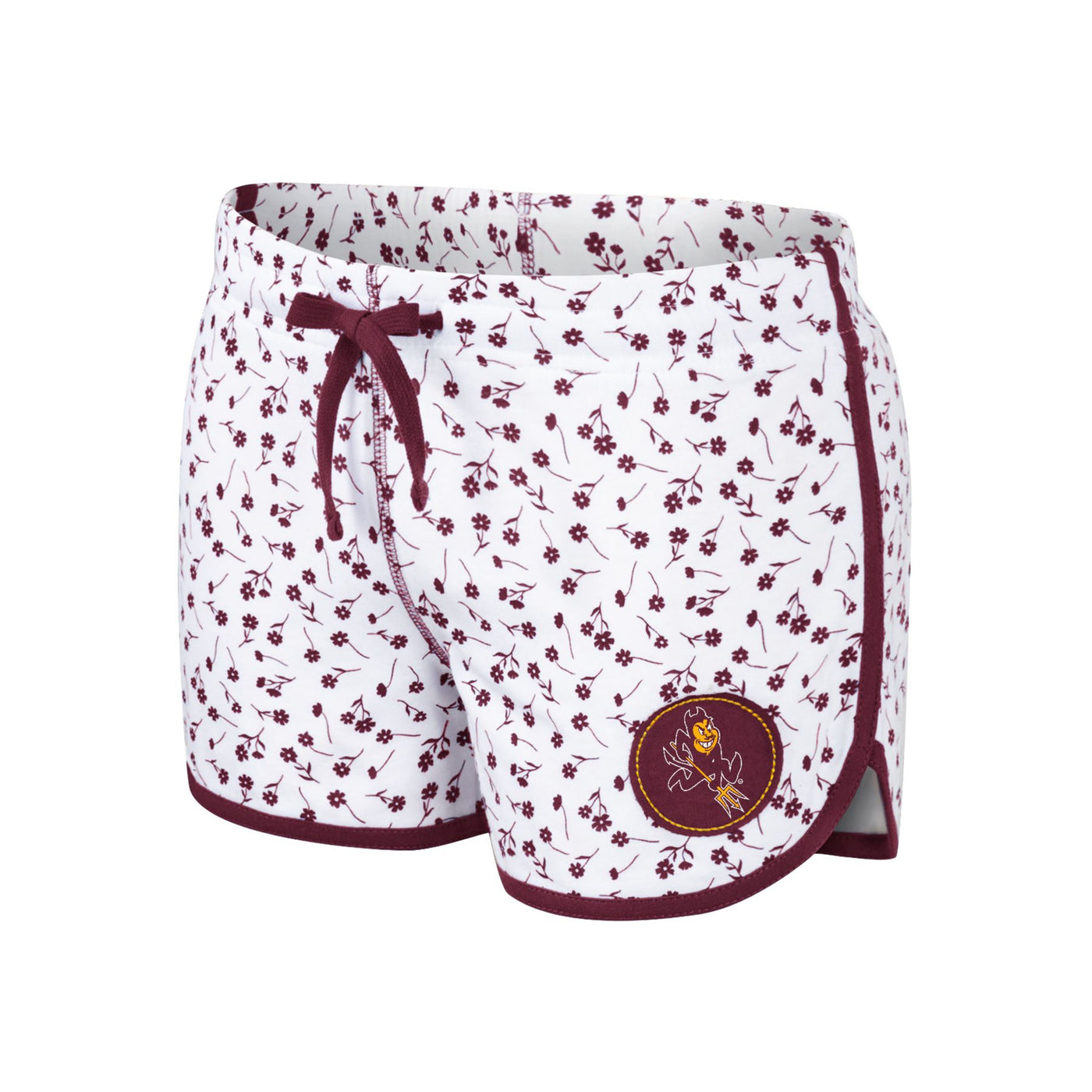 ASU white youth girls shorts covered in small maroon flowers. Maroon trim and drawstrings. A small sparky mascot on the bottom.