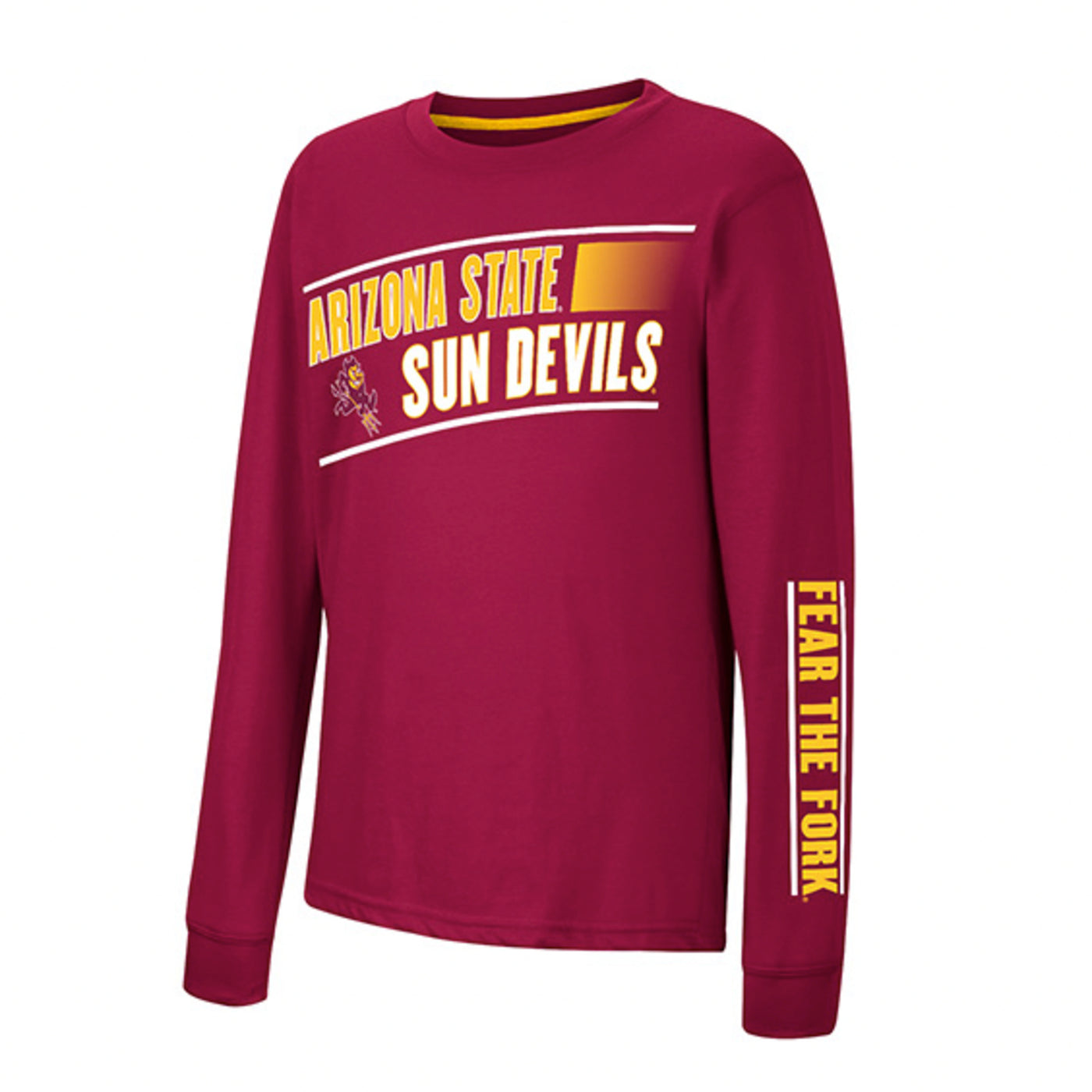ASU Maroon Long Sleeve. Features Arizona State Sundevils text with Sparky on the chest. Fear the Fork text in gold is featured on the left sleeve. 