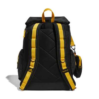 back view of ASU backpack. The hanging loop and straps are also yellow. 