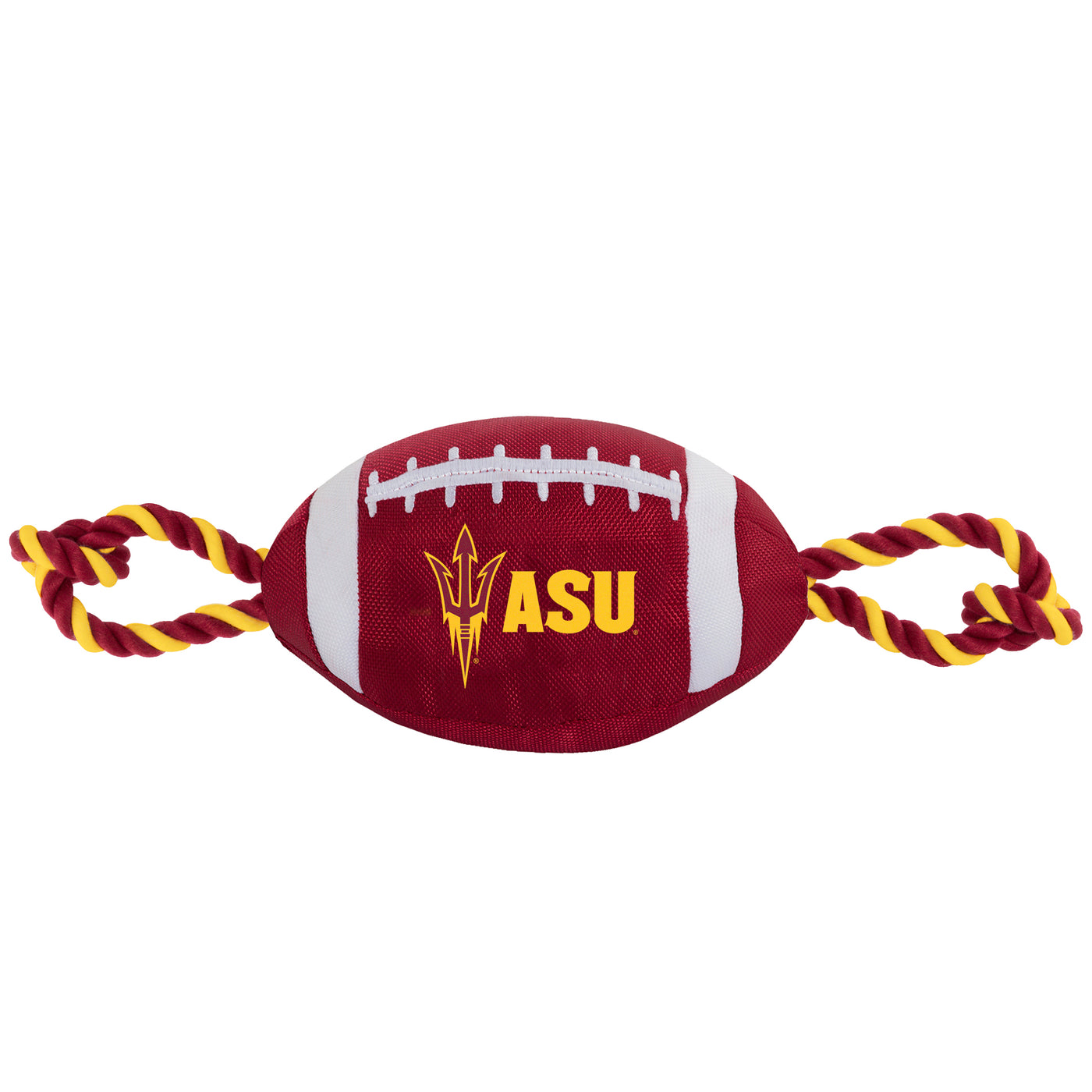 ASU maroon football dog toy with maroon and gold rope loop ends