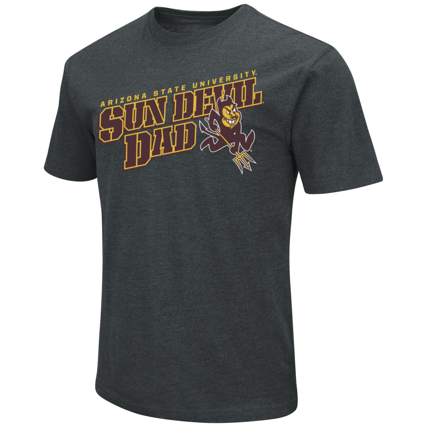 ASU black tee with 'Arizona State University' in small font above 'Sun Devils Dad' in block letters next to Sparky
